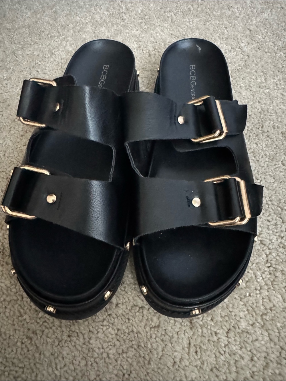 BCBGMaxAzria Black Double-Strap Slide Sandals with Gold Buckles